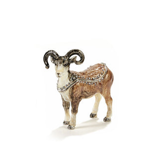 Decorative painted horned goat box with silver lid edge accented with crystals