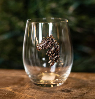 Clear wine glass features a bronzy horse head decal with gold and brown rhinestones