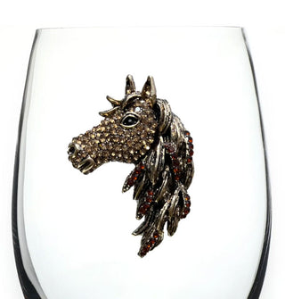 Clear wine glass features a bronzy horse head decal with gold and brown rhinestones