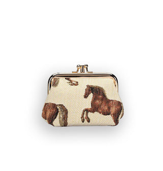Fabric change purse with gold kisslock frame and hardware features horse print