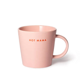 Pink mug is stamped with the words, "Hot Mama" in red lettering