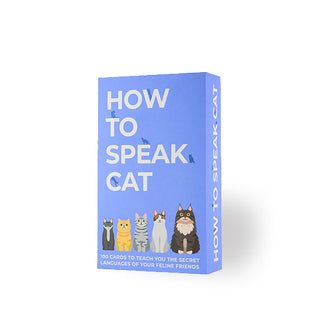 Blue box of How to Speak Cat cards with illustrations of various cat breeds along the bottom and in small silhouettes accenting the title lettering