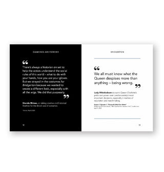 Page spread from I Burn for You features one black page with white lettering and one white page with black lettering, each featuring quotes with captions