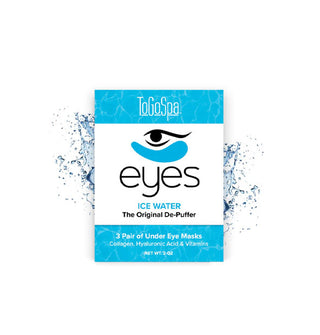 Blue and white packet of 3 pairs of ToGoSpa Eyes Ice Water The Original De-Puffer Under Eye Masks flanked by splashes of water