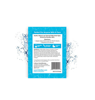 Reverse side of ToGoSpa Eyes Ice Water The Original De-Puffer Under Eye Masks packet flanked by splashes of water