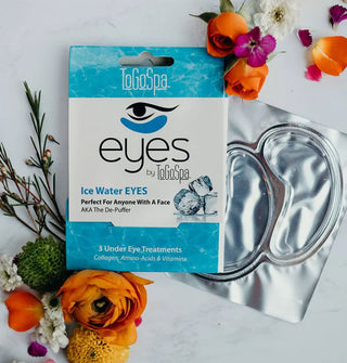 ToGoSpa Ice Water Eyes outer packaging with inner foil pack removed and set to the side, both flanked by colorful flowers