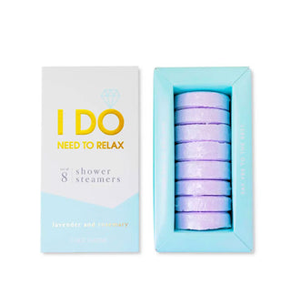 White and blue box of I Do Need to Relax Shower Steamers with lid removed to show contents inside