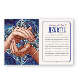 Page spread from The Illustrated Crystallary features a section titled, "Activate the Void: Azurite" alongside an illustration of two hands cupping a blue crystal in a triangular necklace setting