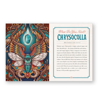 Page spread from The Illustrated Crystallary features a section titled, "What Do You Need?: Chrysocolla" alongside an intricate illustration combining a central moth flanked by wings and snakes under a droplet containing a blue stone