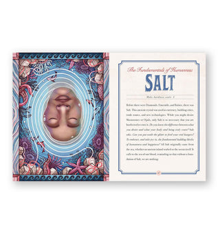 Page spread from The Illustrated Crystallary features a section titled, "The Fundamentals of Humanness: Salt" alongside illustration of a face with closed eyes emerging from circular ripples of water inside an aquatic border of objects and creatures