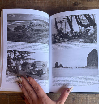 Model's hand holds open a copy of Images of America: Cannon Beach to pages featuring four black and white photographs with captions