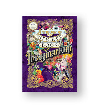 Dark purple cover of The Antiquarian Sticker Book: Imaginarium features densely illustrated randomized designs of people, animals, flowers, and more inside an ornate gold border