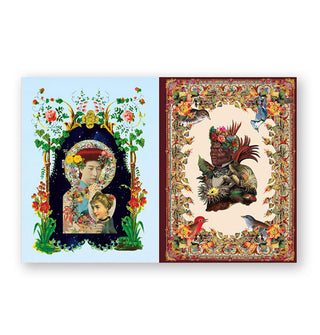 Page spread from The Antiquarian Sticker Book: Imaginarium features densely illustrated collage portraits inside ornate borders