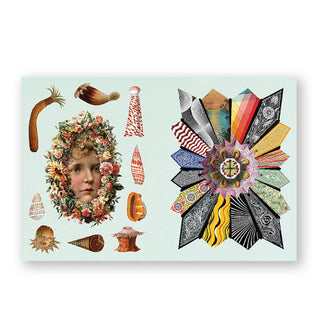 Page spread from The Antiquarian Sticker Book: Imaginarium features a radial design of various patterns alongside a central child's portrait amid a floral border surrounded by various marine plant life