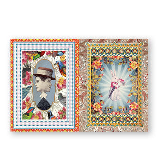 Page spread from The Antiquarian Sticker Book: Imaginarium features a mirrored man's profile image amid colorful bird and flower border alongside a white rabbit inside a densely ornate floral and geometric border