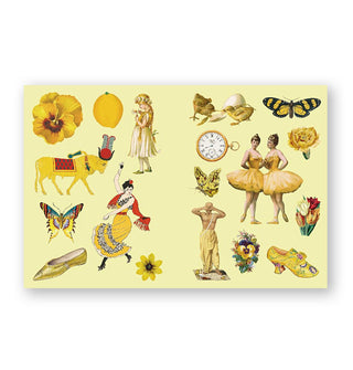Page spread from The Antiquarian Sticker Book: Imaginarium features various figures, flowers, and other miscellany in a predominantly yellow color palette