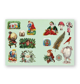 Page spread from The Antiquarian Sticker Book: Imaginarium features various yule-themed designs 