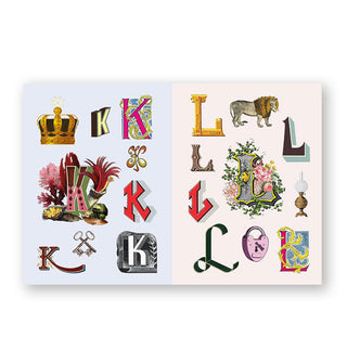 Page spread from The Antiquarian Sticker Book: Imaginarium features the letters K and L represented by various objects and type styles