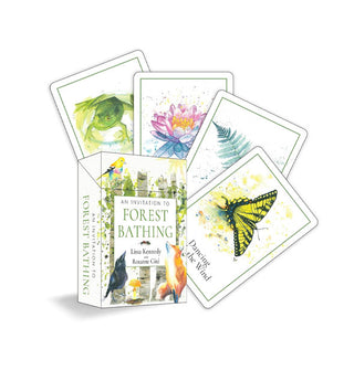 Deck and four-card sample spread of An Invitation to Forest Bathing deck, all featuring watercolor-style plant, animal, and insect illustrations