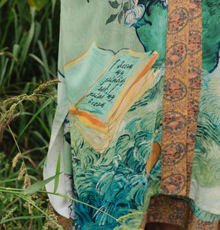Detail of the book in Vincent van Gogh's "Roses" printed on a garment