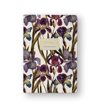 Notebook cover features purple and blue iris illustrations and central gold title text in a white box