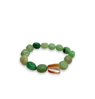 Polished jade gemstone bracelet with one brownish iridescent stone