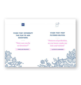 Page spread from The Jane Austen Insult Guide for Well-Bred Women: Serving Tea With a Side of Scorn features quotes for "When they interrupt the film to ask questions" and "When they post filtered selfies"