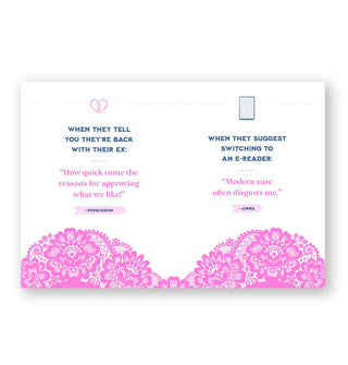Page spread from The Jane Austen Insult Guide for Well-Bred Women: Serving Tea With a Side of Scorn features quotes for "When they tell you they're back with their ex" and "When they suggest switching to an E-reader"