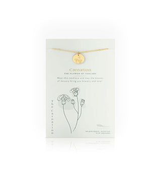 Birth month flower necklace card features the flower for January: The Carnation