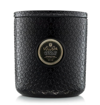 Textural black glass Jardin de Verveine Voluspa candle vessel with matching lid