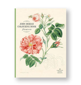 Cover of John Derian's Colouring Book of flowers featuring a large illustrated rose in bloom and bud form