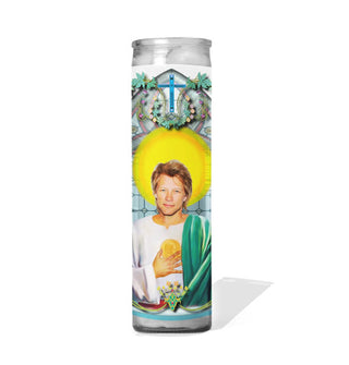 Tall glass prayer candle with colorful label depicting Jon Bon Jovi as a saint