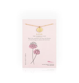 Birth month flower necklace card features the flower for July: The Lotus