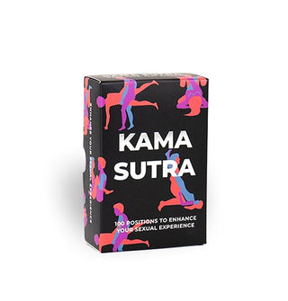 Black box of Kama Sutra cards with metallic silver lettering and orange, purple, and blue illustrations of couples engaged in various sexual posiitons