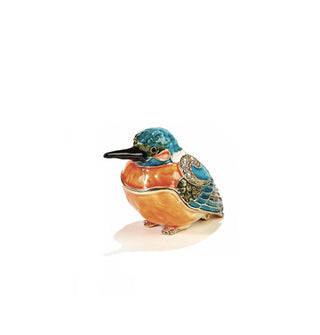 Decorative painted kingfisher box enhanced with crystal accents and featuring a gold-rimmed lid which makes up the bird's upper body