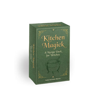 Green box of Kitchen Magick: A Recipe Deck for Witches cards features gold foil accents and a subtle cauldron illustration near the bottom