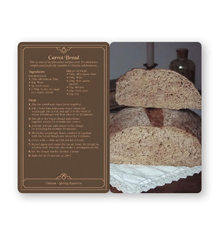 Recipe card sample from the Kitchen Magick deck features Carrot Bread with accompanying photograph