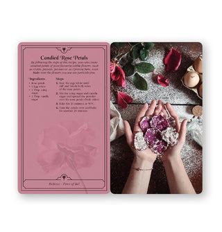 Recipe card sample from the Kitchen Magick deck features Candied Rose Petals with accompanying photograph