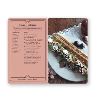 Recipe card sample from the Kitchen Magick deck features Coven Fig Snack with accompanying photograph