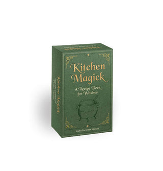Green box of Kitchen Magick: A Recipe Deck for Witches cards features gold foil accents and a subtle cauldron illustration near the bottom