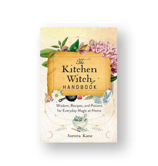 Cover of The Kitchen Witch Handbook features botanical and culinary illustrations around a central parchment-like title block