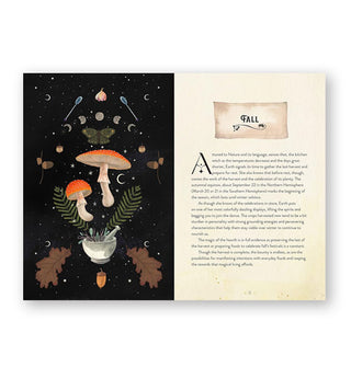Page spread from The Kitchen Witch Handbook features a section titled, "Fall" alongside mushroom, celestial, and autumnal illustrations on a black background