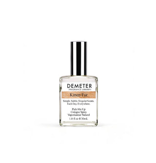 Silver-capped clear square 1 ounce glass bottle of Demeter Fragrance Library Pick-Me-Up Cologne Spray in Kitten Fur scent