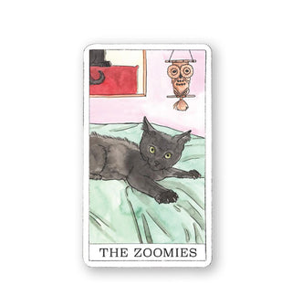 The Zoomies card from the Kitten Oracle deck features an illustration of a black kitten with claws out