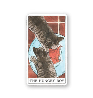 The Hungry Boy card from the Kitten Oracle deck features an illustration of two tabbies, one with its paw on the other's head, eating wet food