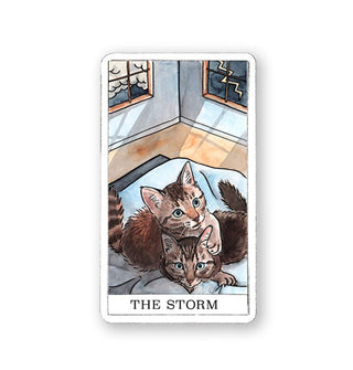 The Stormmies card from the Kitten Oracle deck features an illustration of two scared-looking kittens huddling together while clouds and lightning appear through windows behind them