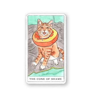 The Cone of Shame card from the Kitten Oracle deck features an illustration of an orange striped kitten with an inflatable citrus ring around her neck