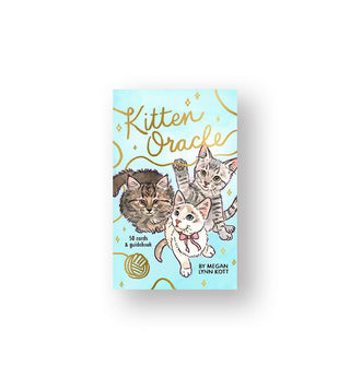 Blue Kitten Oracle cards box with illustration of three playful gray kittens encircled by a gold foil yarn string and ball which comprises the "Kitten Oracle" script lettering at the top
