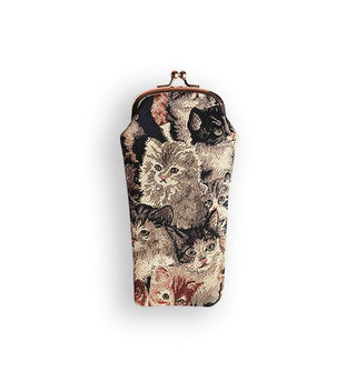 Fabric eyeglass pouch with gold kisslock frame and hardware features kitten print