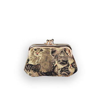 Fabric change purse with gold kisslock frame and hardware features kitten print